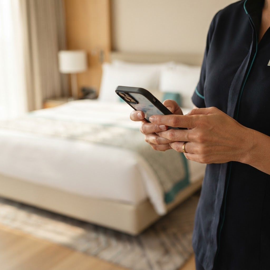 Room attendant logging her daily work on her phone inside a hotel room