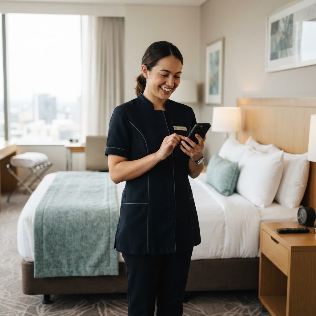 Room attendant logging her daily work on her phone inside a hotel room