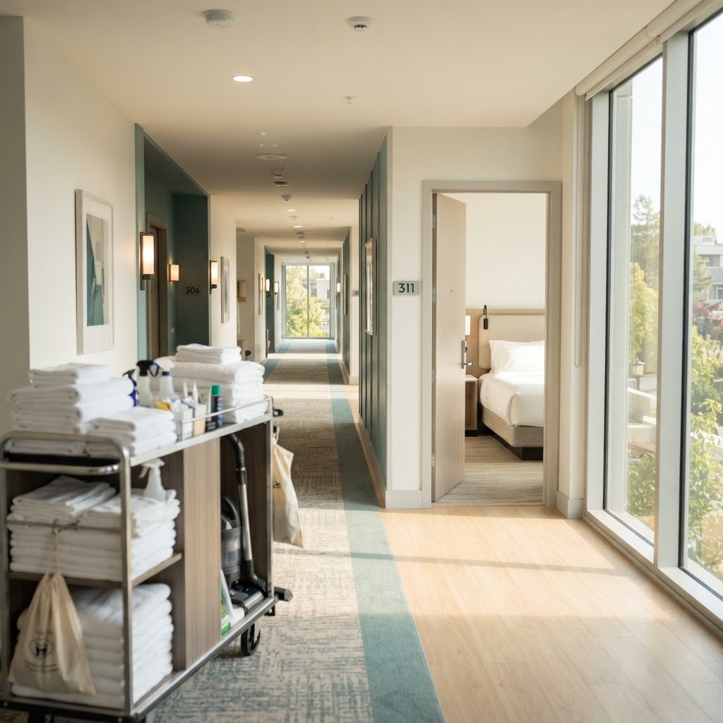 Housekeeping trolley in a modern hotel corridor with crisp bed linen