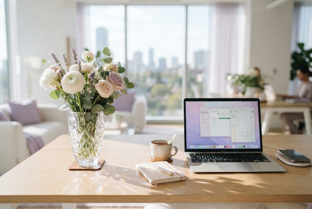Modern bright workspace with crystal vase and natural light