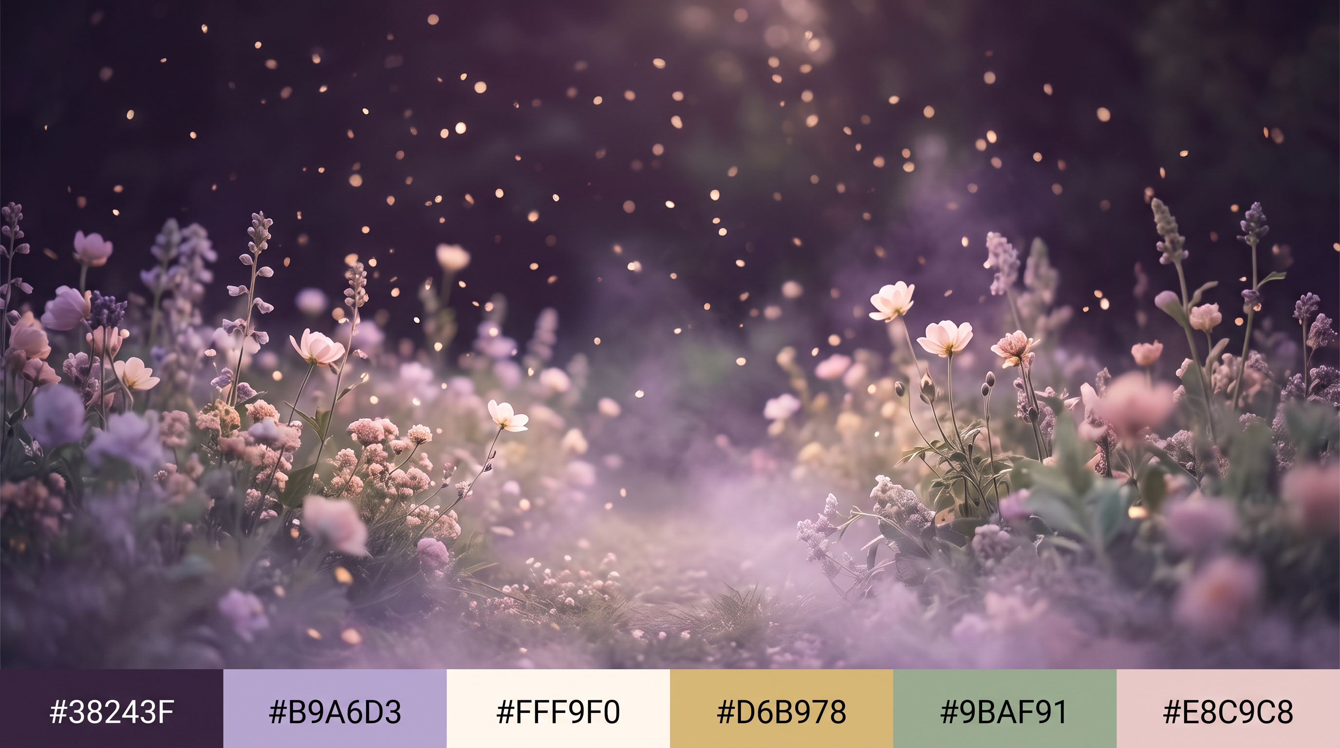 An enchanted garden at twilight with glowing fairy lights drifting among delicate wildflowers