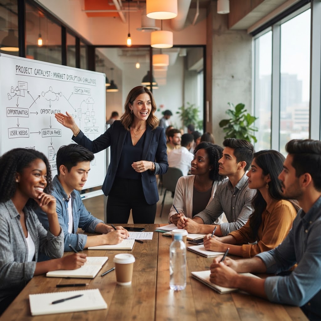 Employeur présentant un défi à un groupe de jeunes pendant LEVEL UP