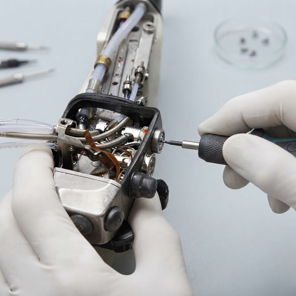 Ingeniero biomédico realizando mantenimiento especializado