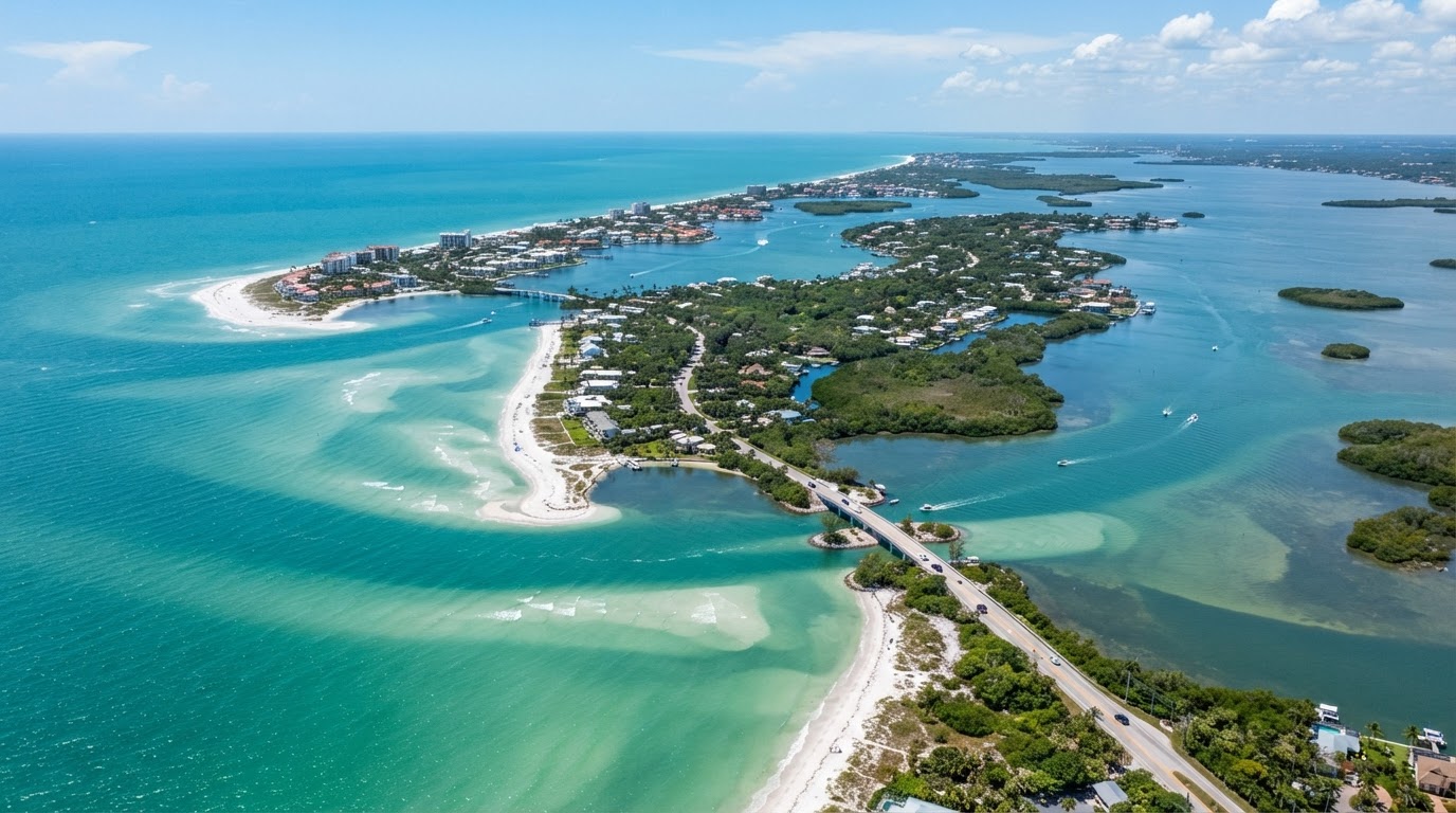 Aerial view of Sanibel and Captiva Islands showing delivery coverage area