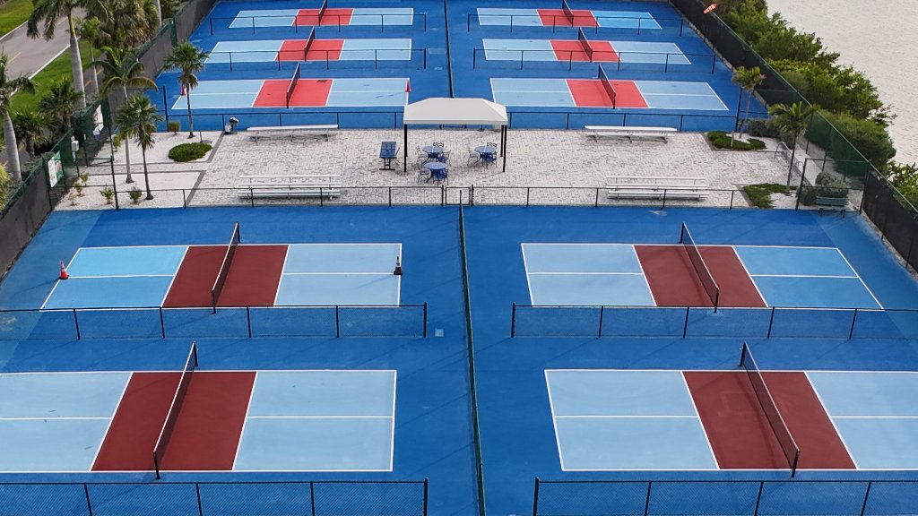 Aerial view of pickleball courts on Sanibel Island