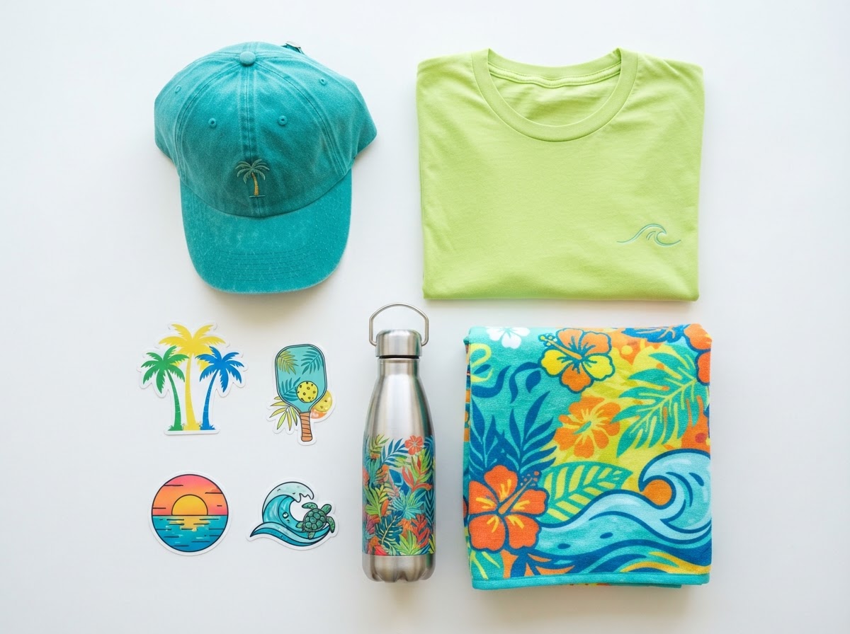SanCap island merchandise hats shirts water bottles beach towels