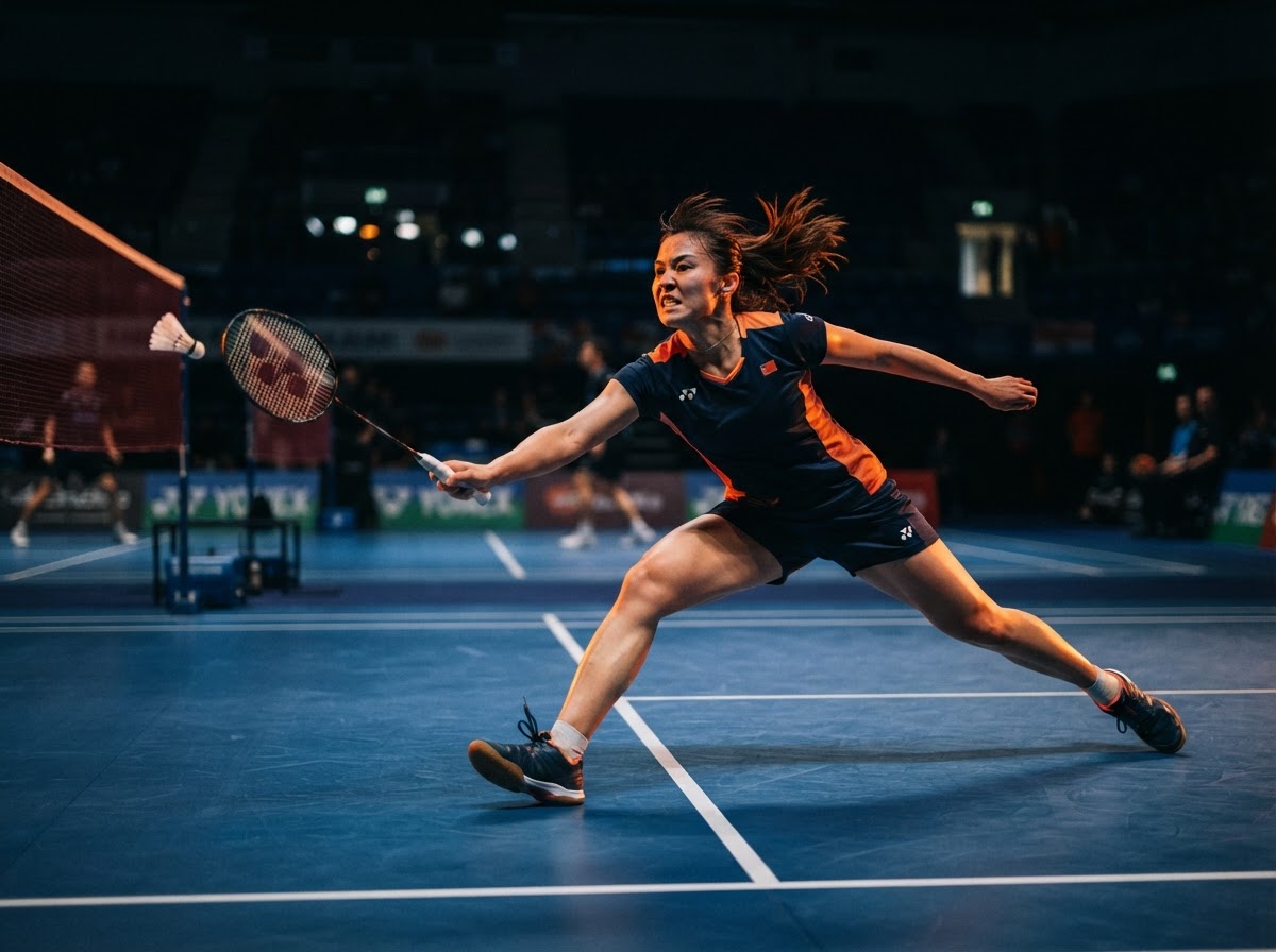 Badminton player in action on court
