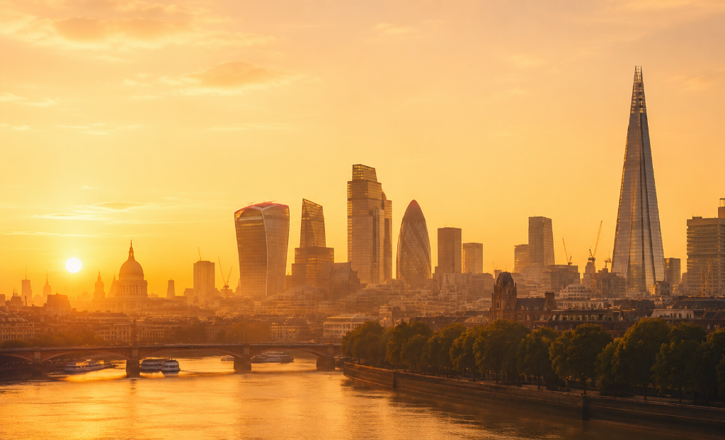 London skyline at golden hour over the River Thames