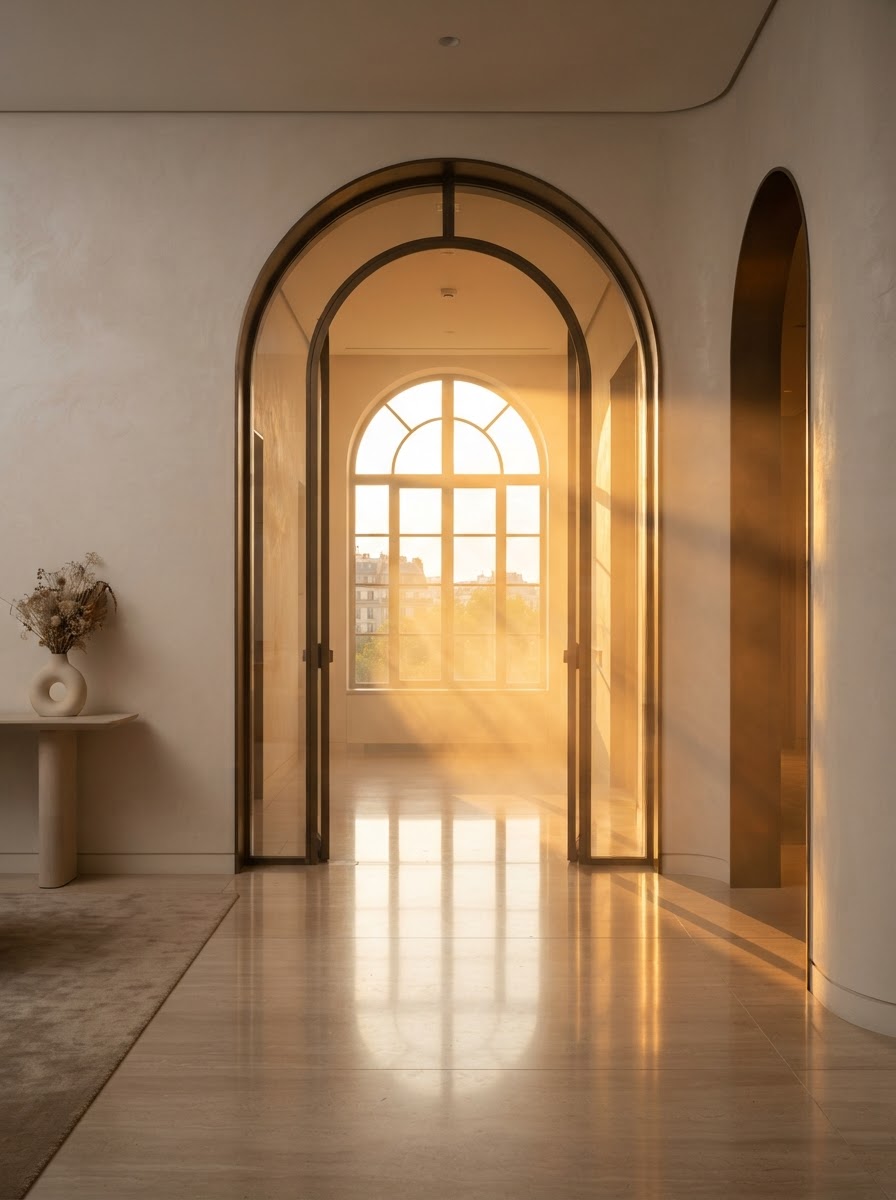 Elegant golden archway with warm dramatic light