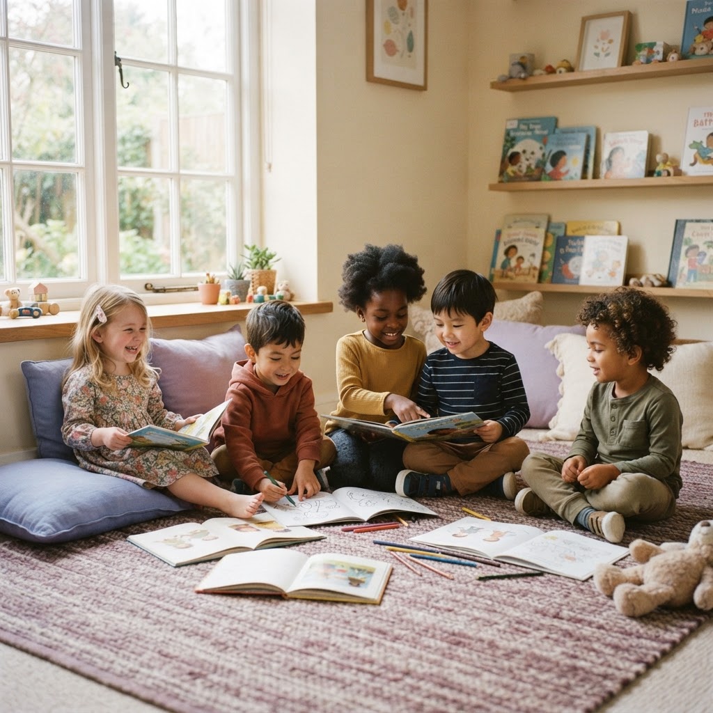 A diverse group of children reading and playing together in a cozy sunlit room