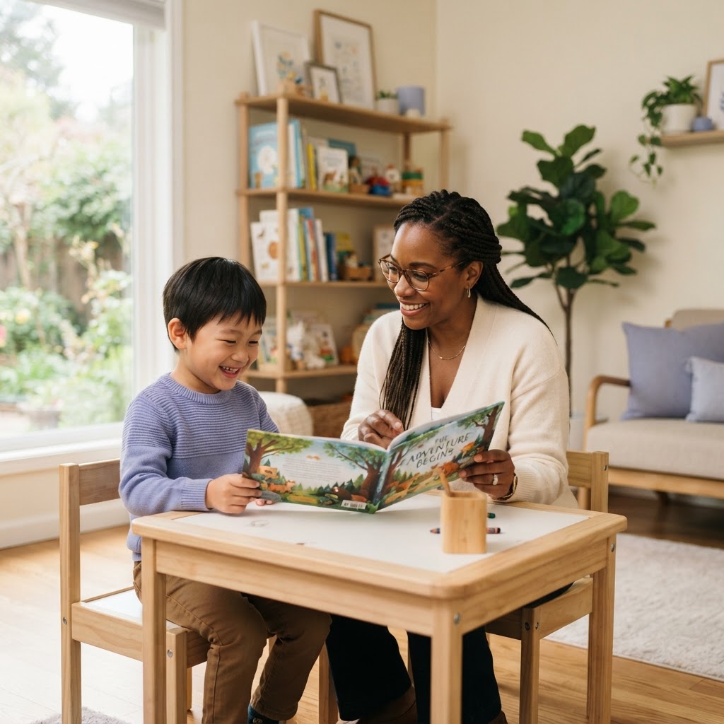 Professional warmly guiding a child through an assessment