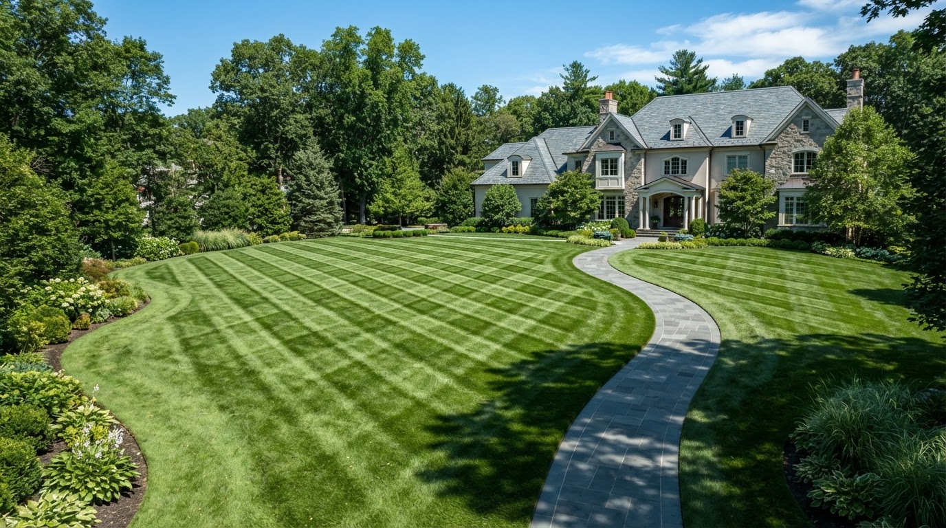 Pristine manicured lawn with geometric mowing patterns