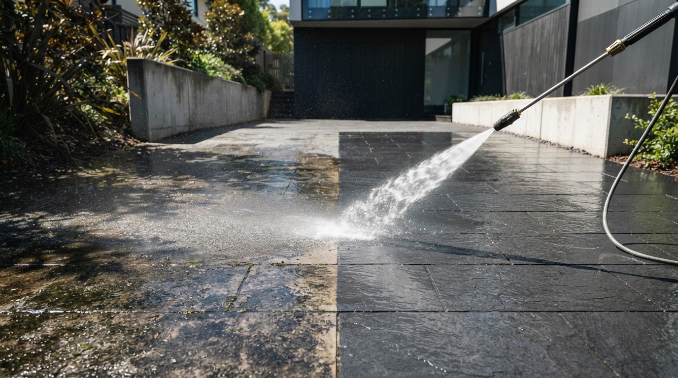Stone driveway being pressure washed showing dramatic before and after