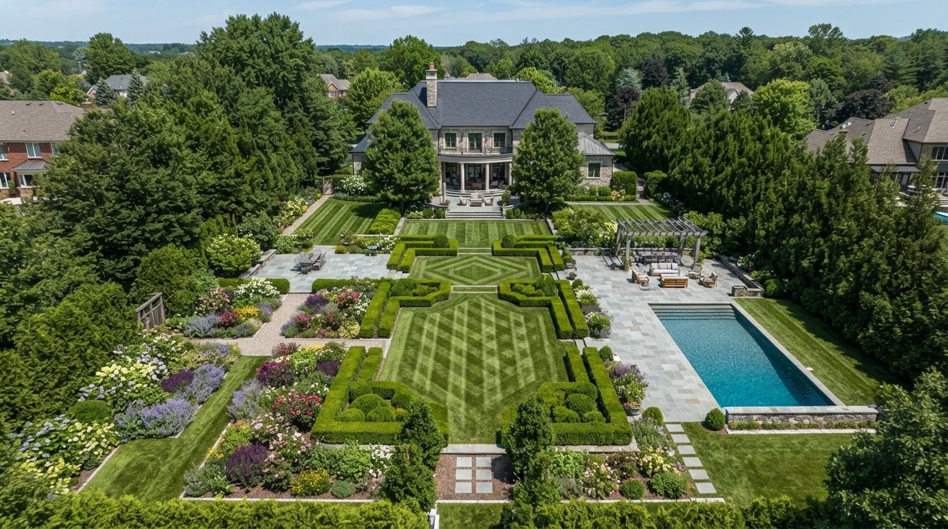 Aerial view of a beautifully landscaped backyard with geometric patterns