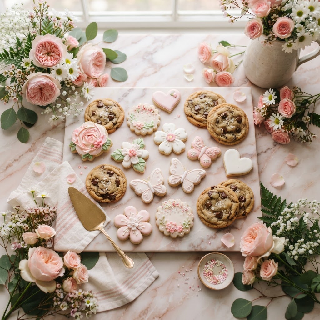 Freshly baked assorted decorated cookies arranged with pink roses and daisies on a pink and white surface