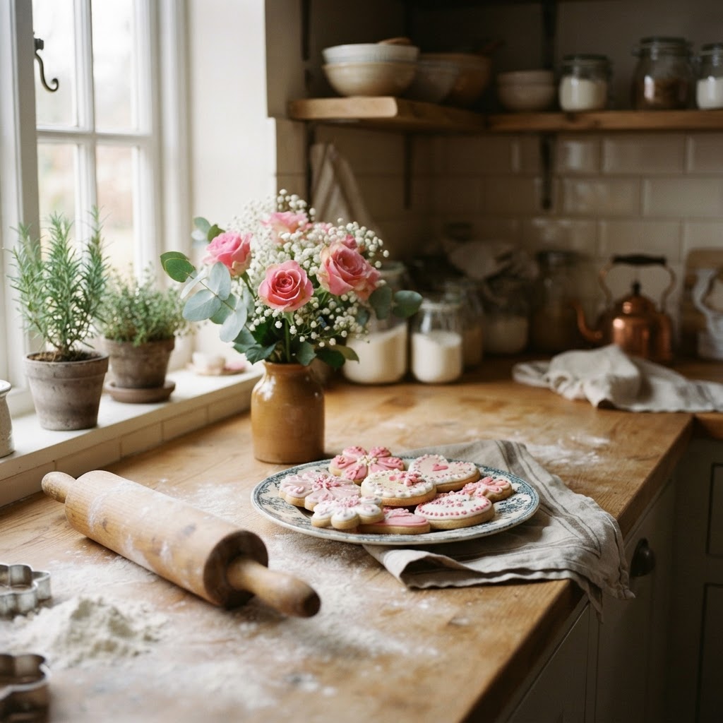A cozy home kitchen counter with freshly baked pink and white decorated cookies and flowers