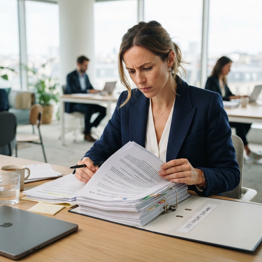 Analyste examinant un dossier de consultation des entreprises