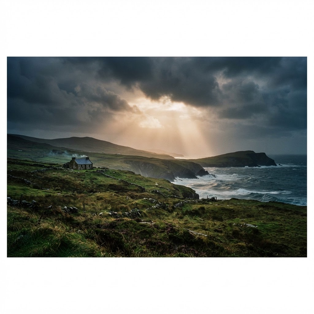 Irish countryside — rolling green hills under a dramatic Atlantic sky with a stone cottage