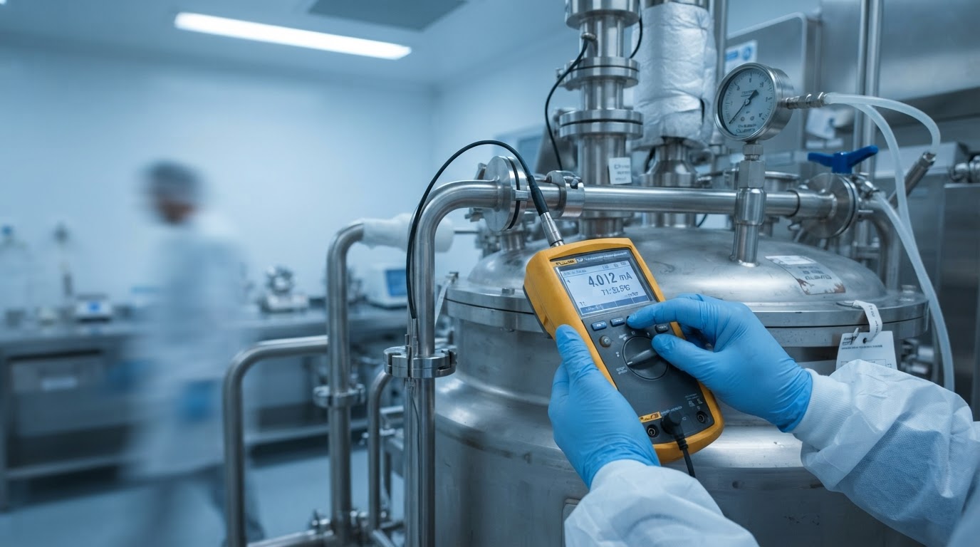 Pharmaceutical manufacturing facility with engineers inspecting automated production lines