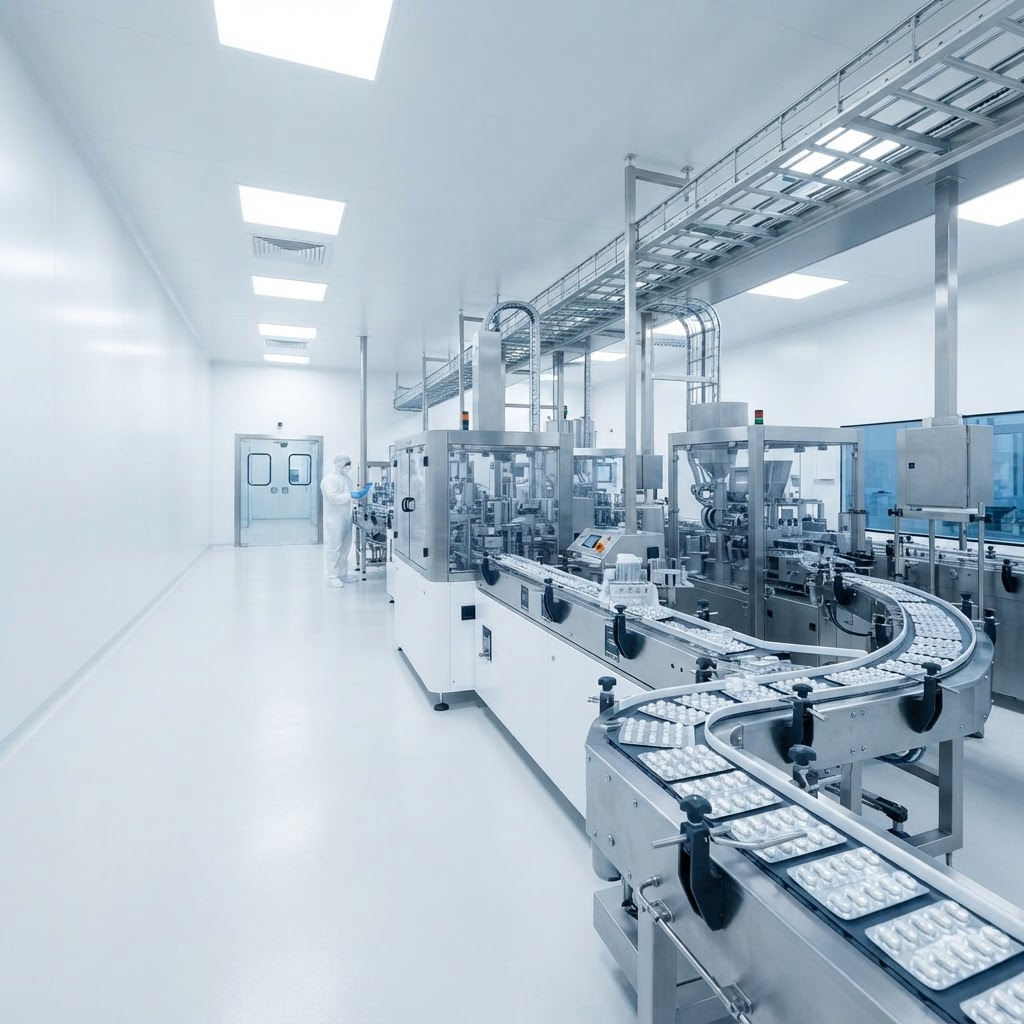 Modern pharmaceutical manufacturing facility with stainless steel equipment and automated production lines