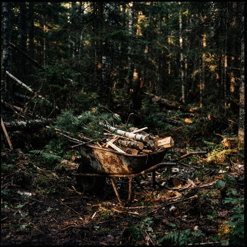 Forest floor with wheelbarrow of tree debris in northern Minnesota