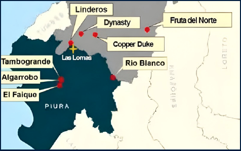 Map of Suyo Mining's neighbouring projects across the Piura region and Ecuador border, including Las Lomas, Linderos, Dynasty, Fruta del Norte, and Tambogrande
