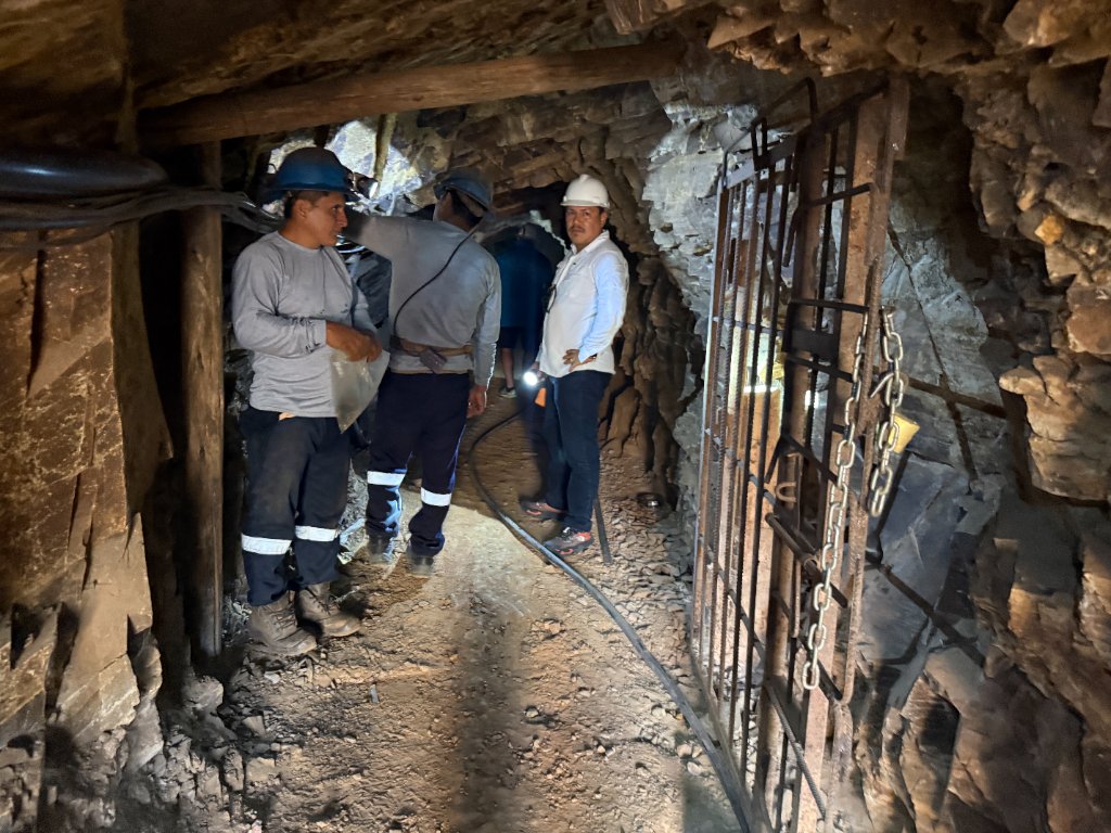 Workers inside an underground mine tunnel at the Angolos-Chiqueros-Algodonal exploration project