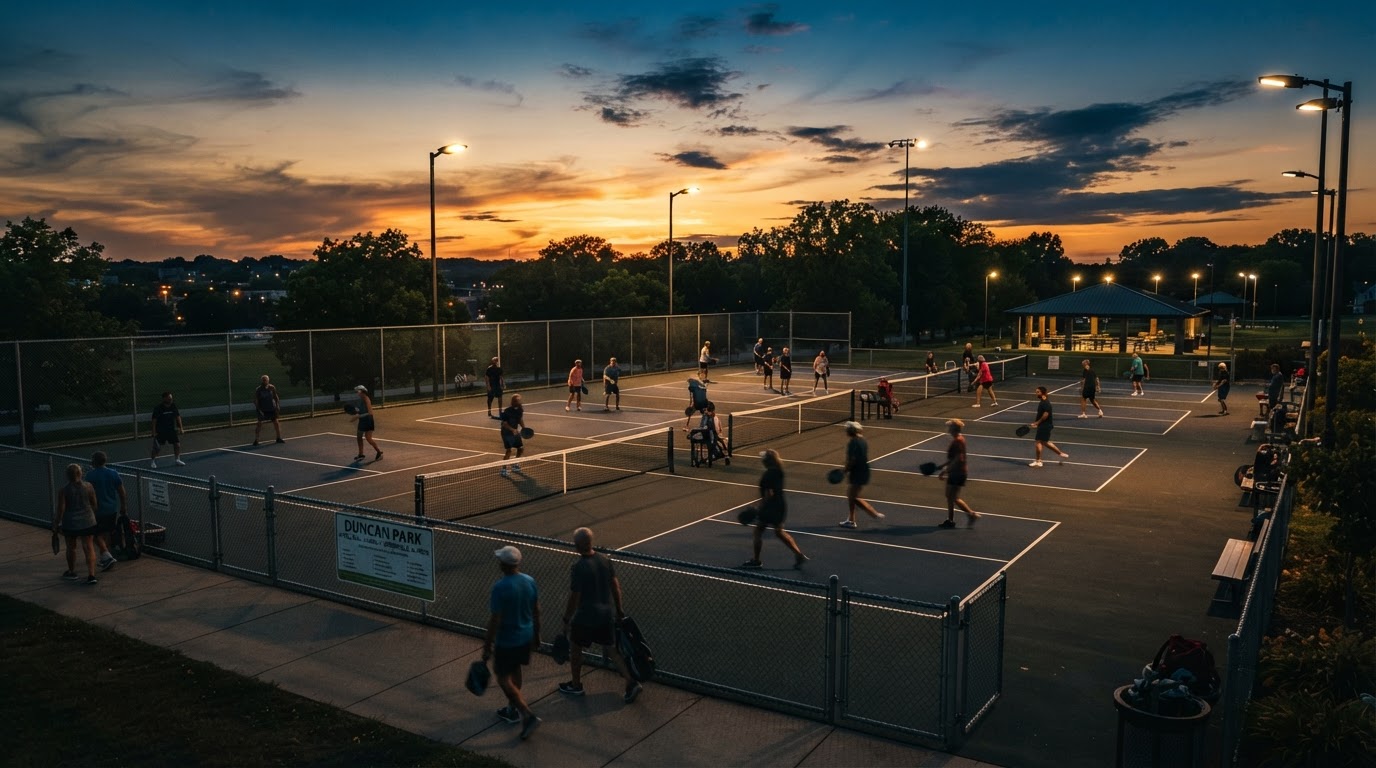 Pickleball courts at golden hour dusk with players