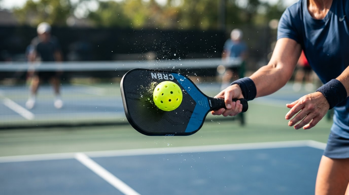 Pickleball paddle striking ball in mid-air action shot