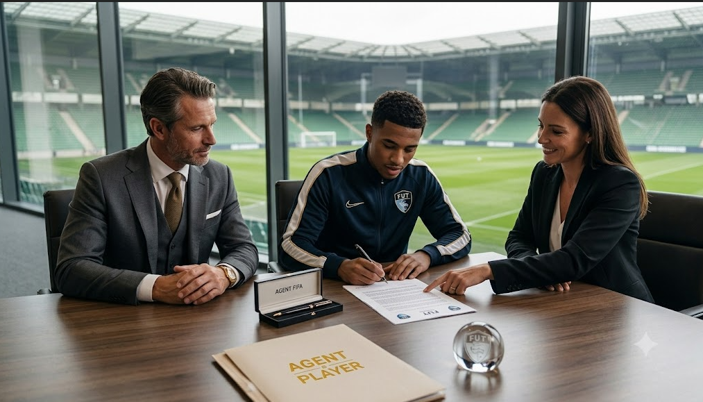 Football agent signing a contract with club executives overlooking a stadium