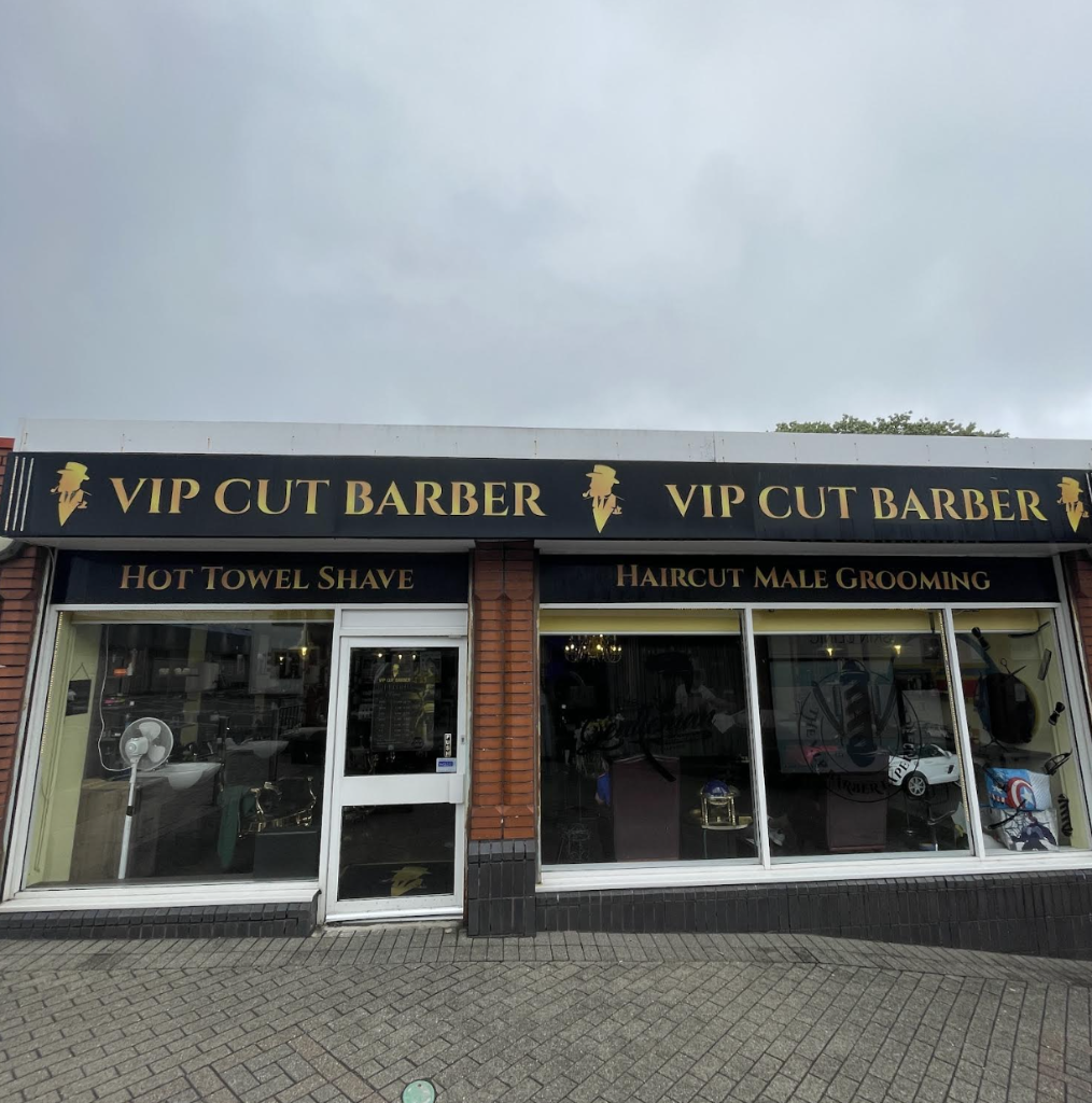 VIP Cut Barber storefront exterior on Mackinlay Place in Newton Mearns with gold signage