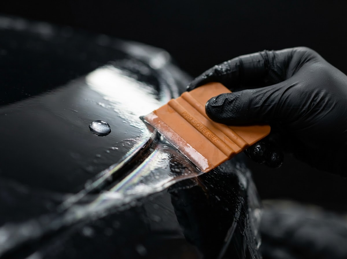 Paint protection film being precisely applied to a vehicle surface