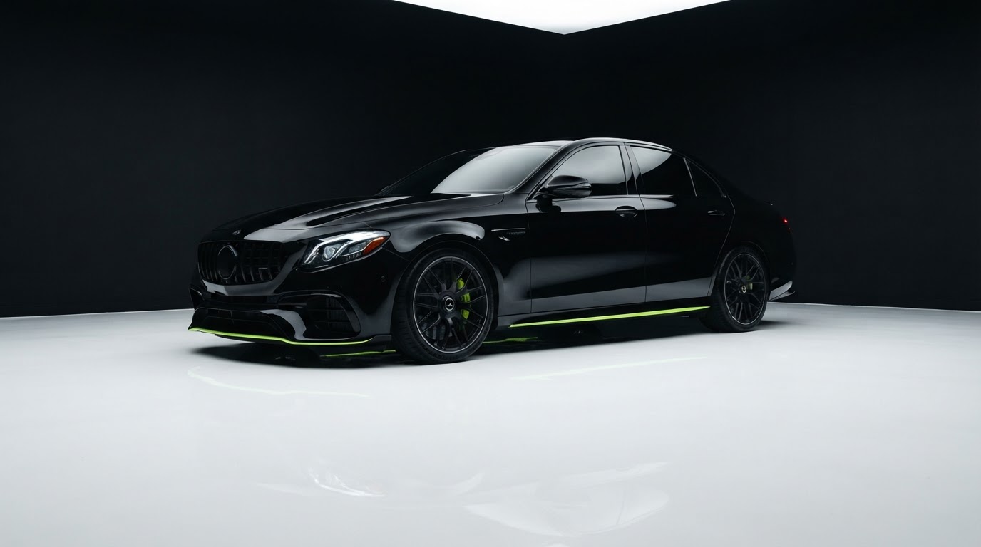 Luxury vehicle with paint protection film in a dark studio