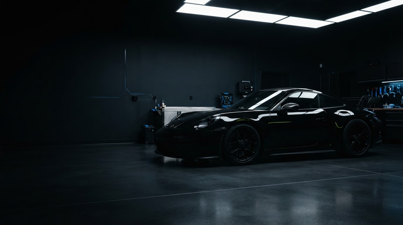 Liquid-black supercar in a high-end detailing studio
