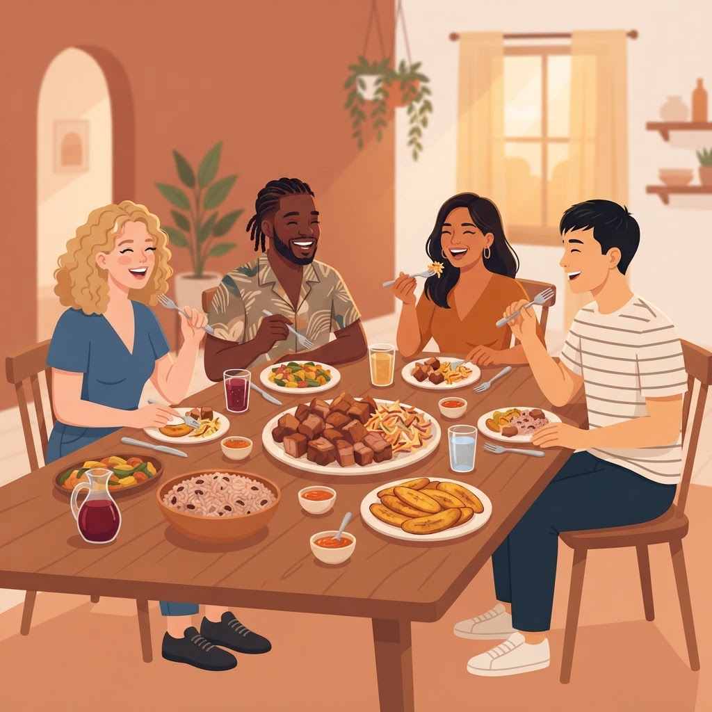 Diverse friends sharing a Haitian feast
