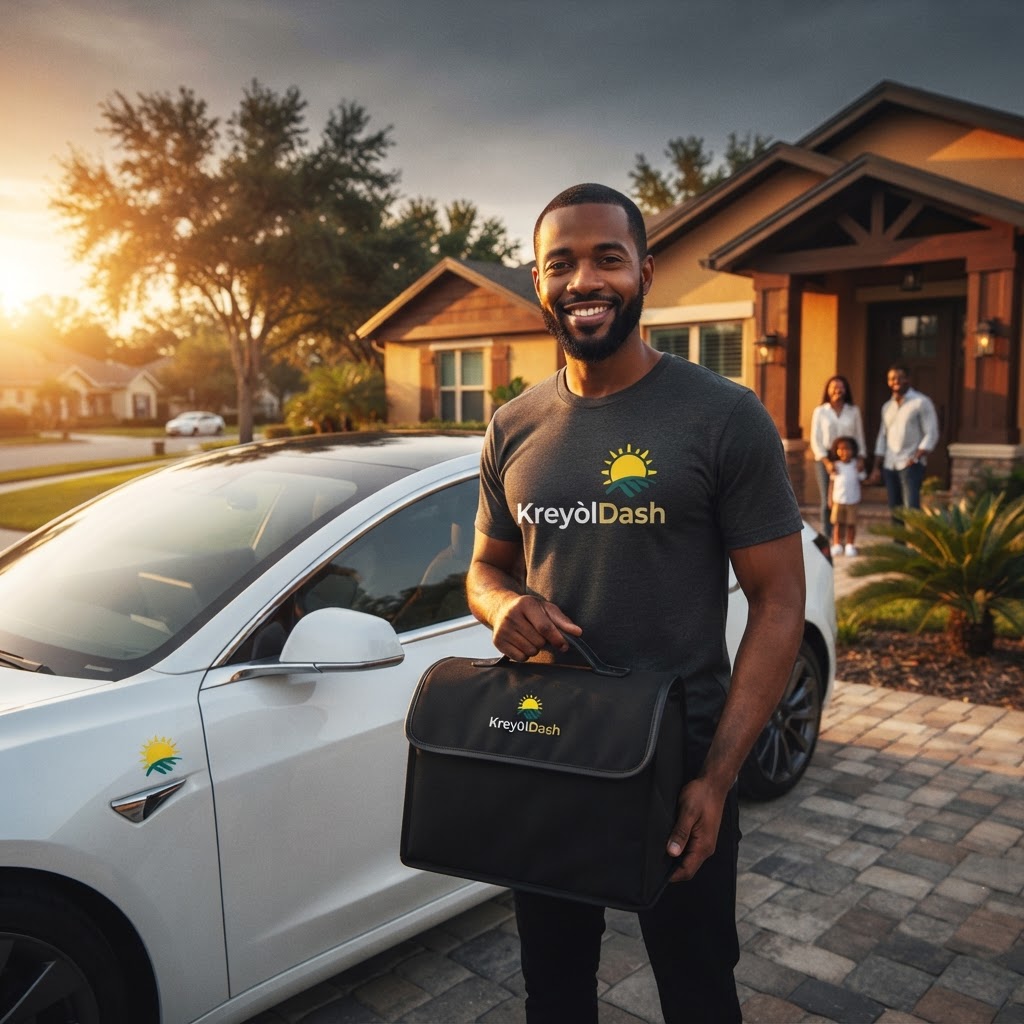 Delivery driver with car holding fresh Haitian food