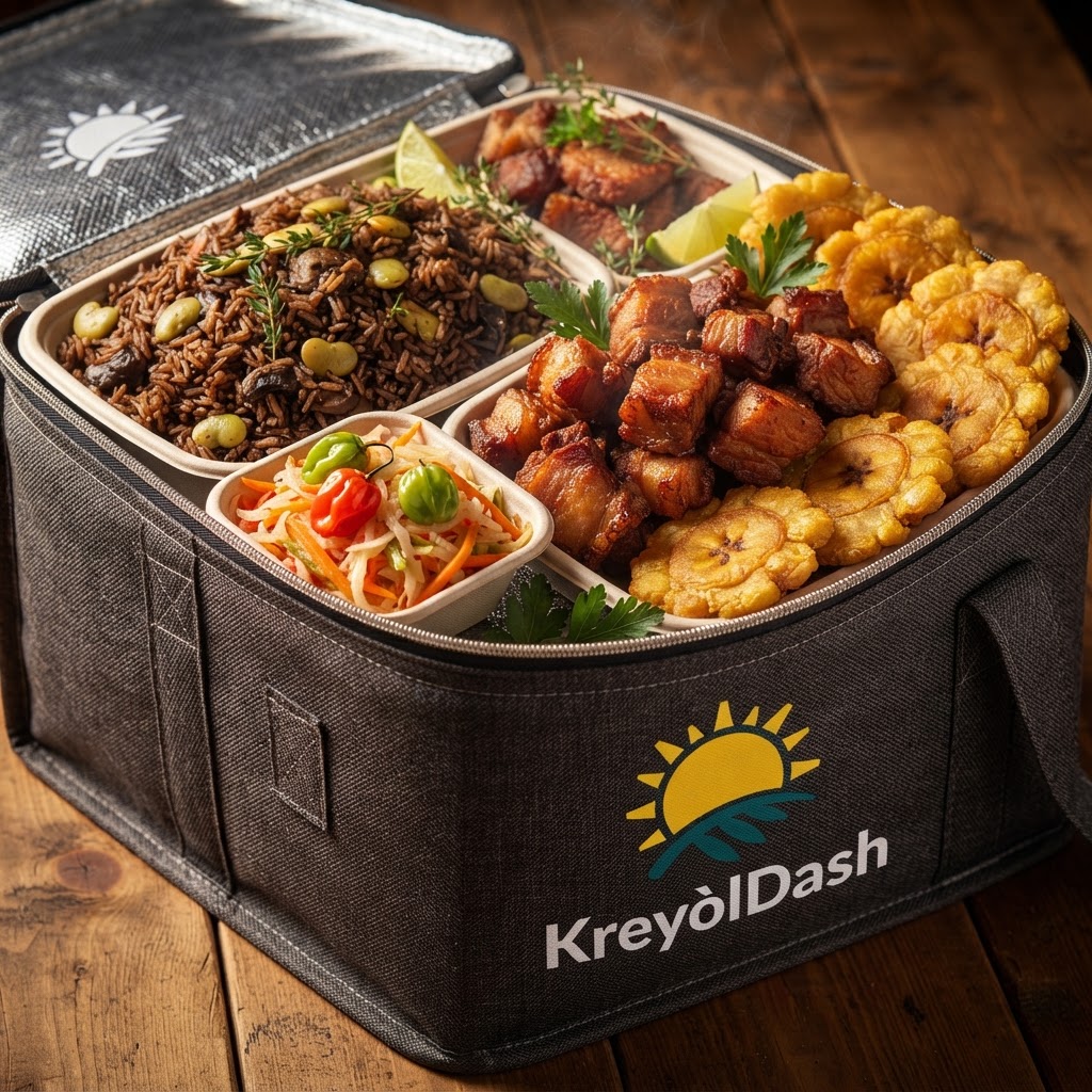 Fresh Haitian food in a KreyòlDash delivery bag