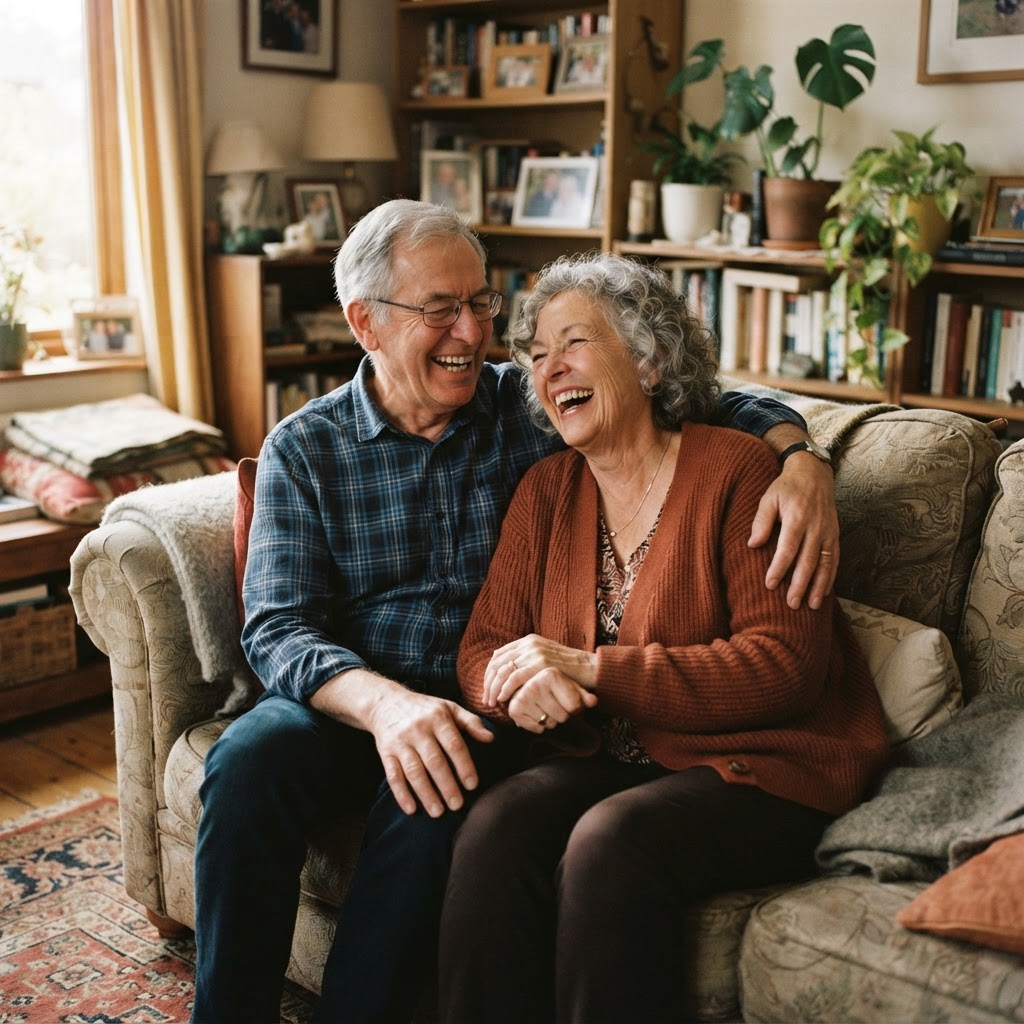 An elderly couple laughing and having fun together at home