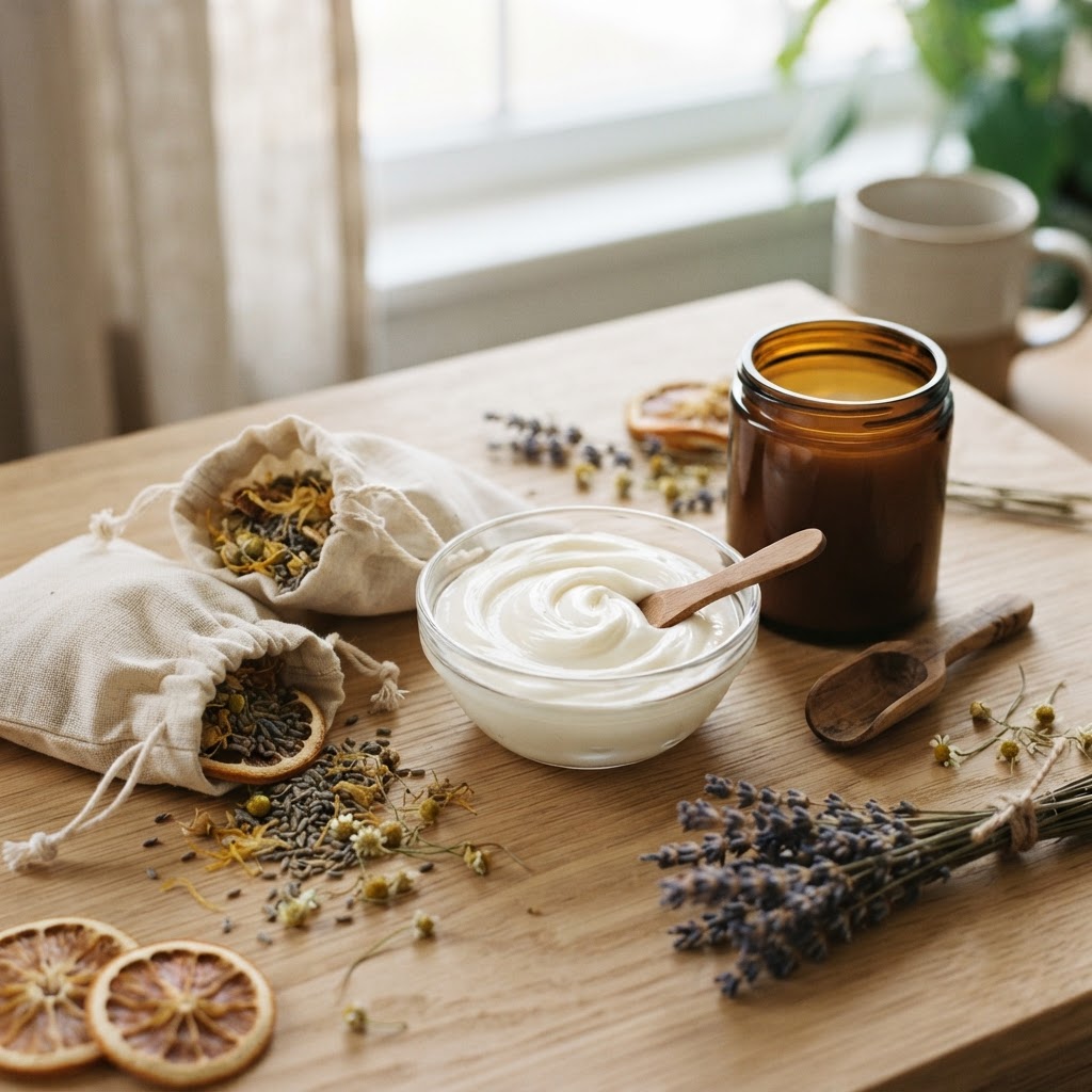 Creamy magnesium lotion swirled in a bowl beside dried botanical bath tea blends