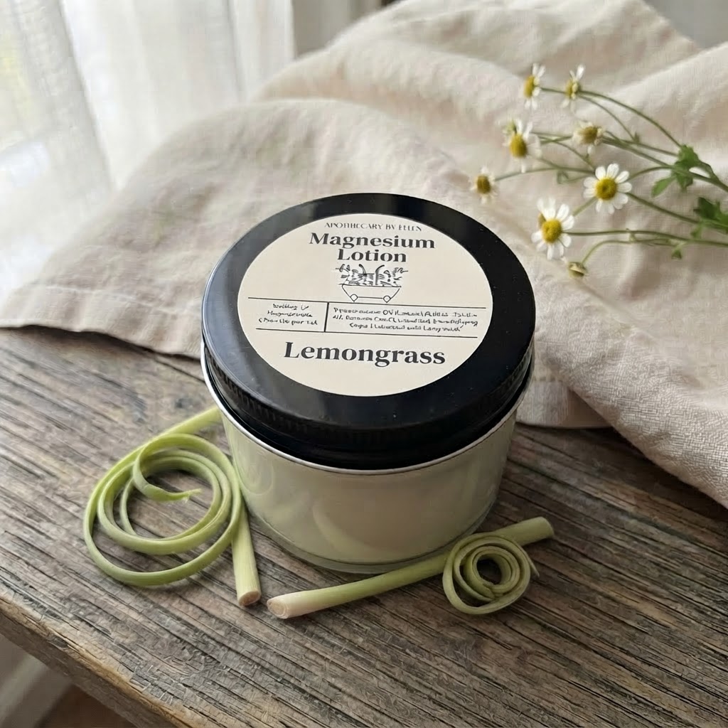 Jar of Lemongrass magnesium lotion on a wooden table surrounded by daisies
