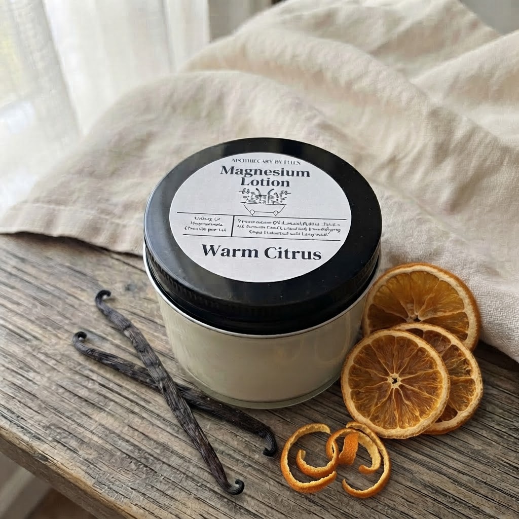Single jar of Warm Citrus magnesium lotion on a wooden table