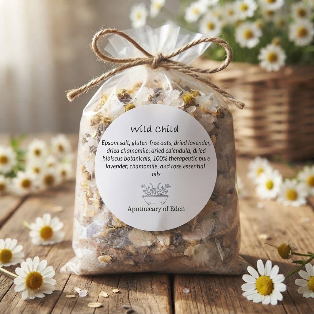 Bag of Wild Child bath tea tied with twine surrounded by daisies