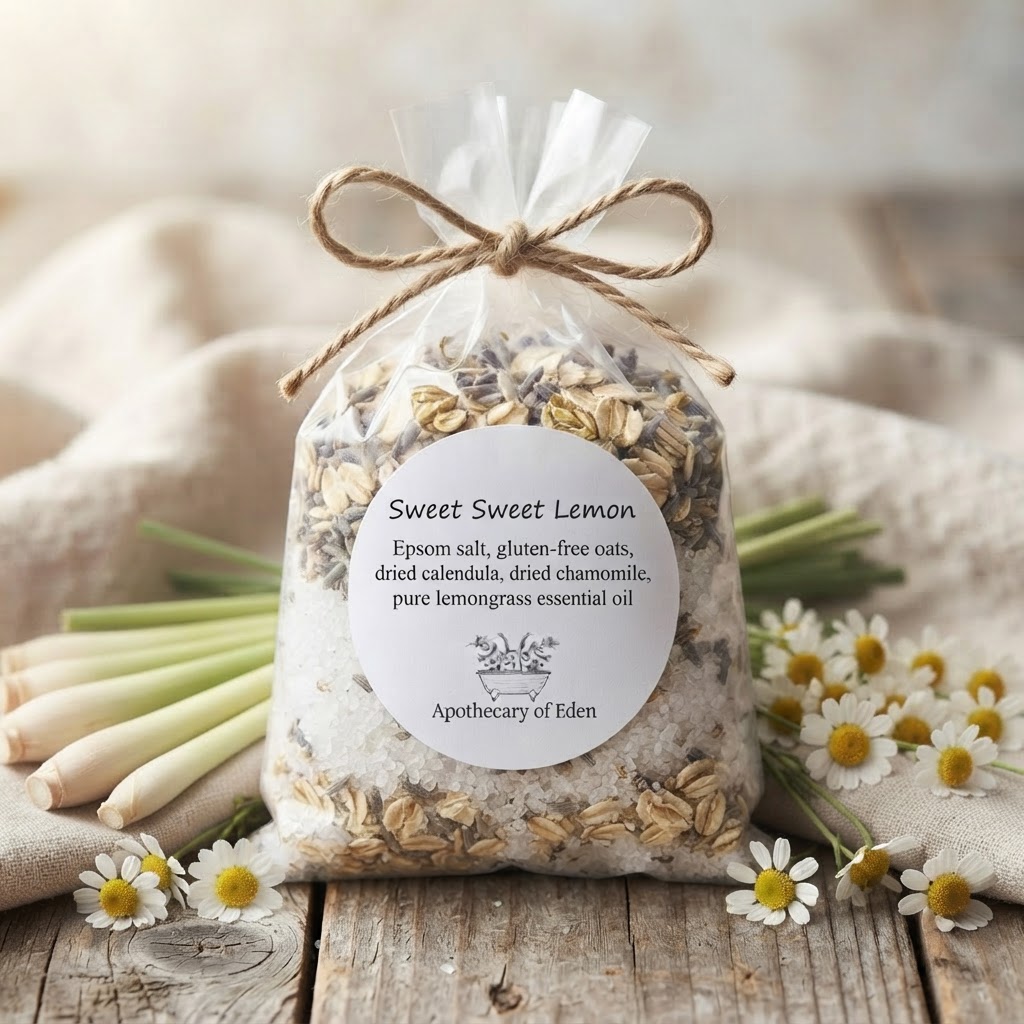 Bag of Sweet Sweet Lemon bath tea tied with twine beside pink roses