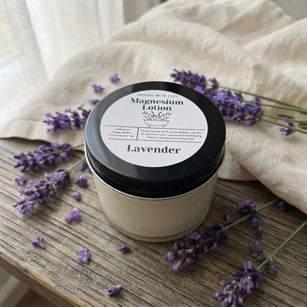 Jar of Lavender magnesium lotion on a wooden table with soft draped linen