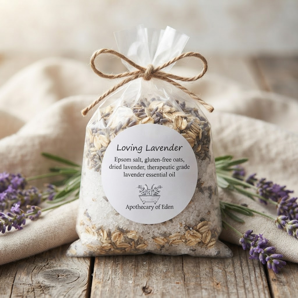 Bag of Loving Lavender bath tea tied with twine on a wooden table