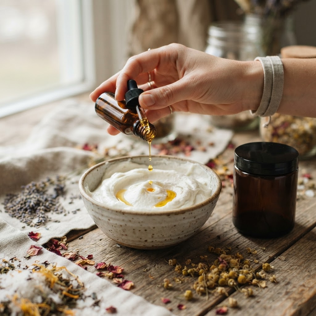 Pure essential oil being poured into creamy magnesium lotion beside dried bath tea herbs