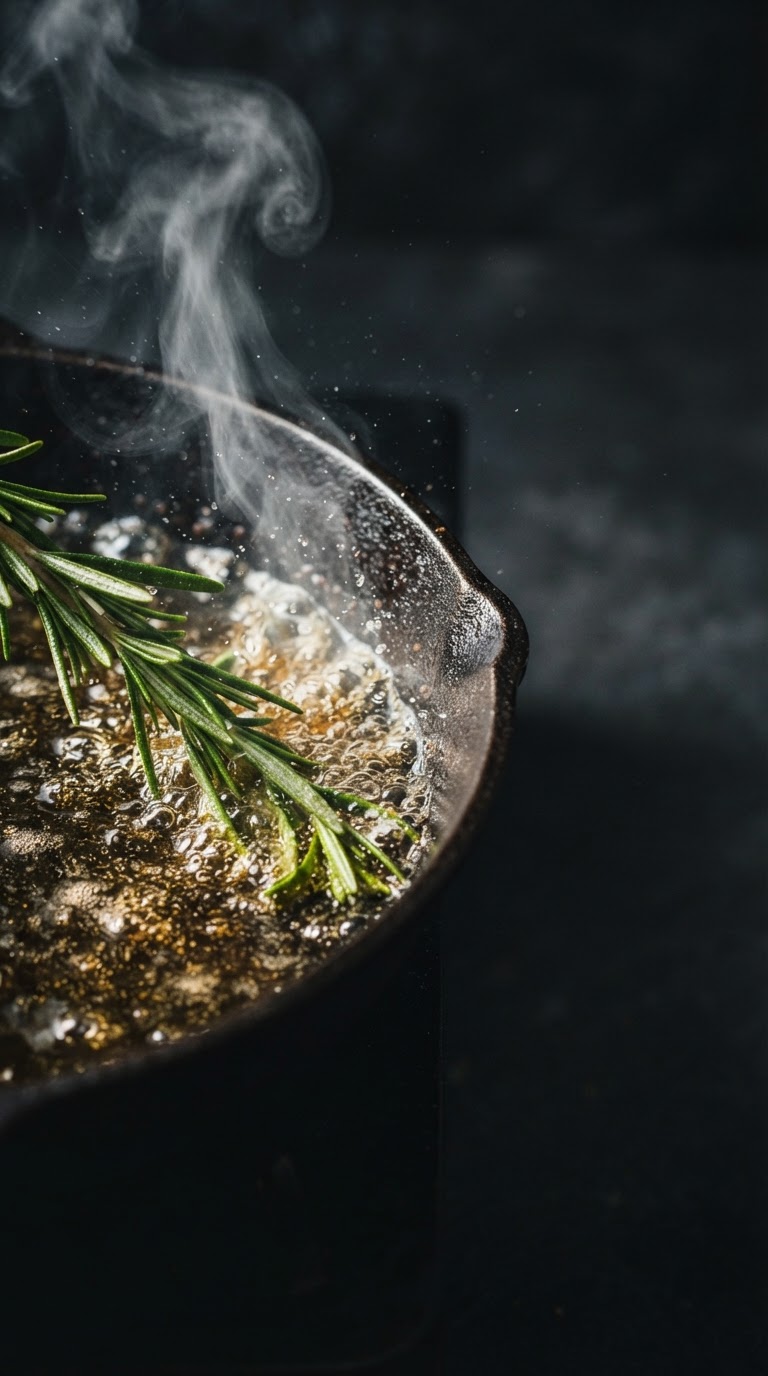 Rosemary hitting hot oil in a cast iron pan