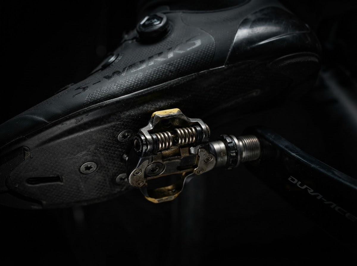 Extreme macro of cyclist foot engaging clipless pedal mechanism