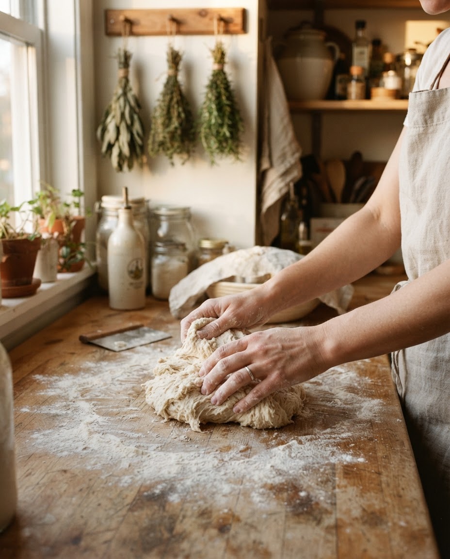 Hands kneading bread dough in a warm home kitchen