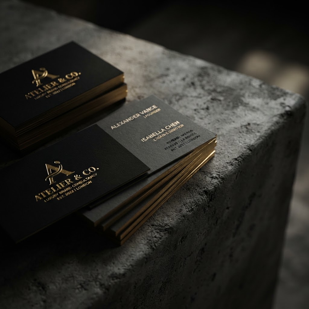Premium business cards with gold-foil embossed detail on dark concrete